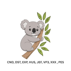 May include: An embroidery design featuring a grey koala with a black nose and ears, clinging to a brown tree branch with green leaves. The text CND, DST, EXP, HUS, JEF, VP3, XXX, PES is printed in black at the bottom of the image.