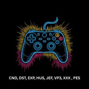 May include: A neon-style line art illustration of a video game controller in blue, featuring yellow and pink radiating light effects. The controller includes a directional pad, two joysticks, and buttons labelled A and B. Text reads: CND, DST, EXP, HUS, JEF, VP3, XXX, PES.