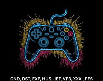 Neon Videospiel Controller Maschinenstickerei, Gamer Line Art Digitales Muster