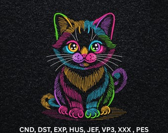 Neon Katze Stickmuster, Line Art Kätzchen Stickdatei