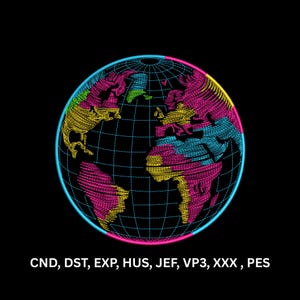 May include: A globe graphic featuring a black background with a grid of thin blue lines. The continents are filled with textured, multi-colored embroidery-style stitching in shades of pink, yellow, green, and blue. Text reads: CND, DST, EXP, HUS, JEF, VP3, XXX, PES.