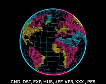 Neon Colorful Earth Globe Machine Embroidery Design World Map Digital Pattern