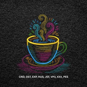 May include: An embroidery design of a coffee cup on a saucer with swirling steam, rendered in vibrant yellow, blue, pink, and green thread on a black background. The text CND, DST, EXP, HUS, JEF, VP3, XXX, PES is printed in white at the bottom.