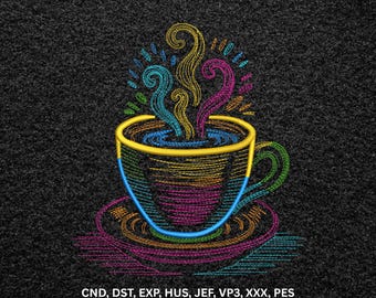 Neon Colorful Coffee Cup Machine Embroidery Design, Line Art Tea Mug Pattern