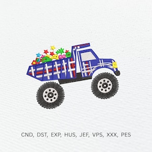 Puede incluir: Diseño bordado de un camión volquete azul lleno de formas de estrellas y flores de colores. El camión tiene ruedas negras y un faro amarillo. La imagen incluye el texto: CND, DST, EXP, HUS, JEF, VPS, XXX, PES.