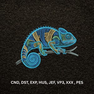 May include: An embroidered chameleon design featuring intricate blue, yellow, and green thread patterns on a black background. The lizard is perched on a branch with a curled tail. Text at the bottom reads CND, DST, EXP, HUS, JEF, VP3, XXX, PES.