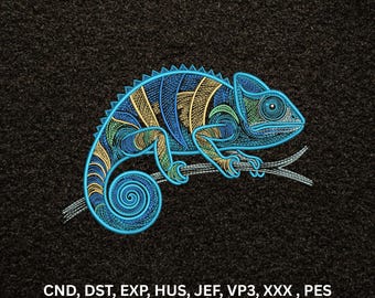 Colorful Chameleon on Branch Machine Embroidery Design, Stylized Reptile Digital Pattern