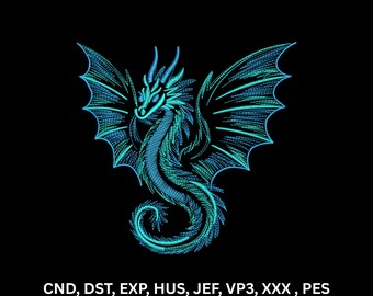 Neon Blauer Drache Maschinenstickerei, Fantasy Linie Kunst Digitales Muster