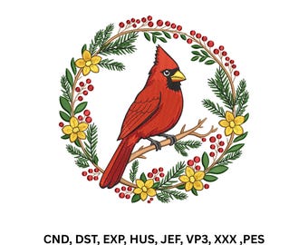 Red Cardinal Bird Floral Wreath Machine Embroidery Design Winter Digital Pattern