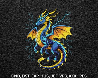 Blue Lightning Dragon Machine Embroidery Design, Fantasy Mythical Creature Digital Pattern