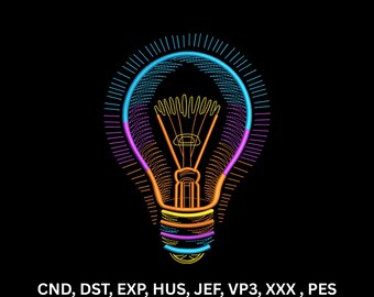 Neon Lightbulb Machine Embroidery Design Colorful Line Art Idea Digital Pattern