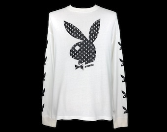Camiseta vintage de manga larga blanca con estampado de cabeza de conejita de Playboy y logo grande (talla M)