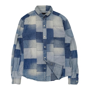 Issey Miyake Tete Homme Plag Plag Patchwork Denim Shirt Blauw Button Up Maat 5 Fit XS Japanse Designer Avant Garde