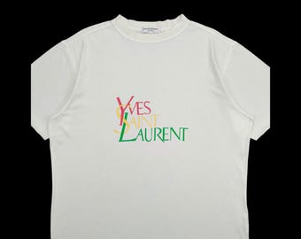 Vintage Yves Saint Laurent YSL Colorful Logo Graphic T-Shirt Size M