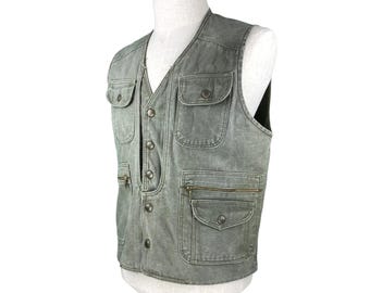 Chaleco utilitario de algodón del ejército estadounidense vintage de los años 90 – Verde oliva, ropa de trabajo con múltiples bolsillos, estilo cargo japonés