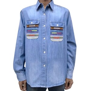 Vintage Go Slow Caravan Jeansskjorta, broderade märke, westernstil, passform L