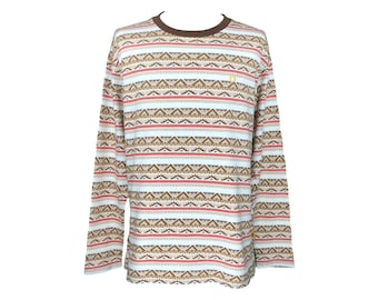 Camiseta vintage de manga larga Hang Ten con rayas abstractas y logotipo bordado (L)