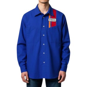 Camicia da lavoro da corsa vintage ENEOS Initial D, blu a maniche lunghe, uniforme da sport motoristici ispirata agli anime giapponesi.