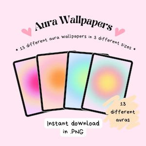 Può includere: Quattro tablet digitali che mostrano sfondi aura colorati. Il testo recita "Aura Wallpapers", "13 diversi sfondi aura in 3 diverse dimensioni", "Download istantaneo in .PNG" e "13 aure diverse". Lo sfondo è rosa chiaro.
