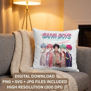 Puede incluir: Un cojín cuadrado blanco con un gráfico colorido de estilo anime de cinco figuras masculinas. El texto "SAIYA BOYS" está encima de las figuras. Debajo está el texto "DIGITAL DOWNLOAD PNG + SVG + JPG FILES INCLUDED HIGH RESOLUTION (300 DPI)".