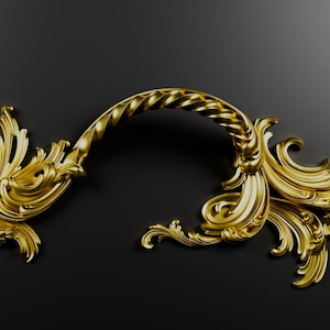 May include: Ornate gold-colored furniture handle with a curved, twisted center and elaborate, swirling floral designs on each end. The handle is set against a dark background, highlighting its intricate details and luxurious appearance.