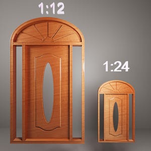 Könnte beinhalten: Zwei Puppenhaustüren aus Holz, eine größere und eine kleinere, mit gewölbten Oberteilen und ovalen Mittelplatten. Die größere Tür ist mit "1:12" und die kleinere Tür mit "1:24" beschriftet. Die Türen sind aus hellem Holz.