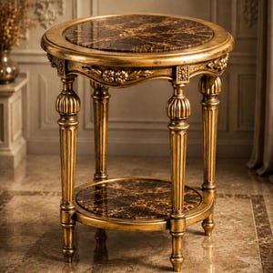 Può includere: Un tavolino rotondo con una struttura color oro e due ripiani circolari con superfici a motivo marmo marrone scuro. Il tavolo presenta quattro gambe scanalate con dettagli floreali intagliati e decorazioni lungo il bordo superiore.
