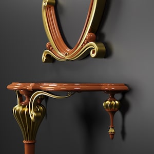 Könnte beinhalten: Ein dekoratives Schminktisch-Set mit passendem Spiegel. Das Set verfügt über eine braune Tischplatte und einen Spiegelrahmen mit goldenen Akzenten. Die Beine und der Spiegelrahmen haben verzierte, geschwungene Designs. Der Spiegel ist oval.