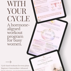 May include: Three black tablets displaying information about cycle-based workouts. The tablets show text and illustrations related to hormonal shifts, benefits, and workout phases. The text on the tablets includes "Train With Your Cycle" and "Gentle Flow & Mobility".