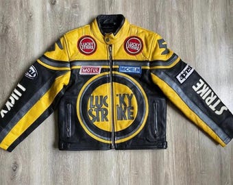 Men’s Vintage Lucky Strike Leather Racing Jacket: Real Cowhide, F1 Motorsport