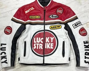 Men's Lucky Strike Cowhide Leather Racing Jacket, Vintage F1 Style