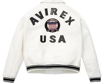 Men's Avirex White Authentic Cowhide Leather Flight Bomber American Jacket, Gift for Him