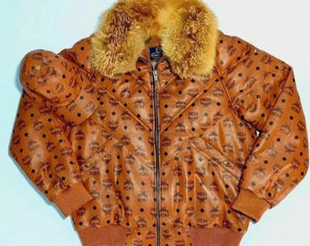 MCM Monogram Cognac Leather Puffer Jacket with Fur Collar, Vintage Luxury Designer, Best Gift for Him/her