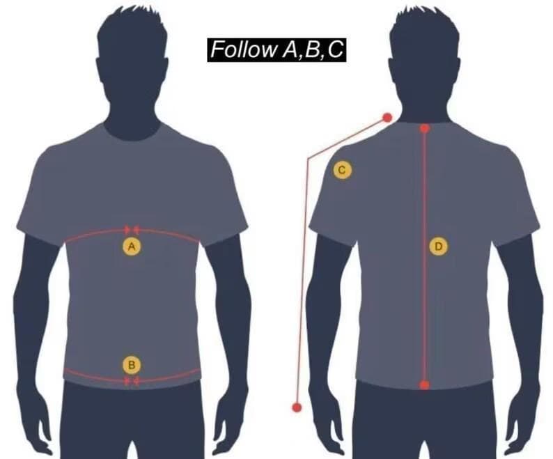 May include: Diagram illustrating how to measure a person for clothing. The image shows two silhouettes, front and back, with measurement points labeled A, B, C, and D. The text "Follow A, B, C" is at the top.