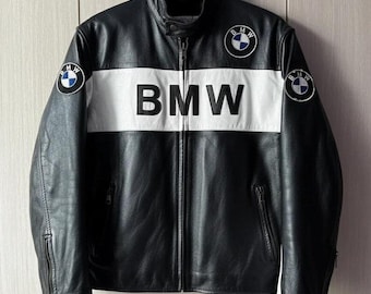 BMW Motorcycle Jacket , Cowhide Leather Black White Racing Style Biker Jacket