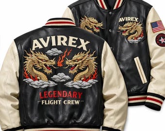 Chaqueta bomber Avirex para hombre de piel de vacuno pura, modelo Twin Dragon Varsity, color negro, el mejor regalo para él.