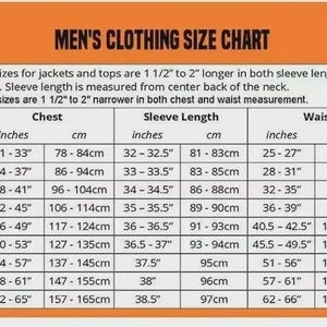 Puede incluir: Tabla de tallas de ropa para hombre, con medidas en pulgadas y cm. La tabla incluye tallas de pecho, largo de manga y cintura, que van de la XS a la 5XL. El t&iacute;tulo es "MEN'S CLOTHING SIZE CHART."