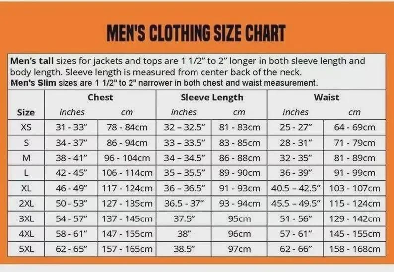Puede incluir: Tabla de tallas de ropa para hombre, con medidas en pulgadas y cm. La tabla incluye tallas de pecho, largo de manga y cintura, que van de la XS a la 5XL. El t&iacute;tulo es "MEN'S CLOTHING SIZE CHART."
