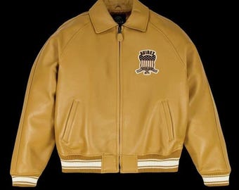 Men's Avirex Yellow American Flight Real Bomber Jacket Genuine Lambskin Leather Jacket, Best Gift for Him