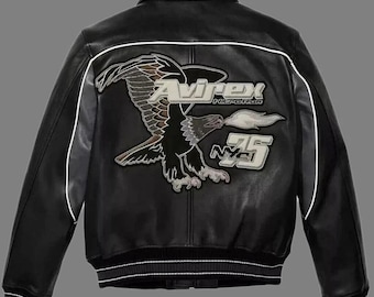 Chaqueta Avirex Nitro negra de cuero estilo universitario para hombre, con cremallera completa, estilo urbano, bomber, regalo para papá.