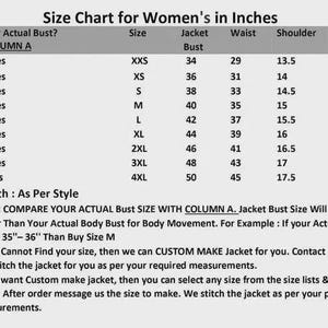 Puede incluir: Tabla de tallas para chaquetas de mujer, mostrando medidas de busto, cintura, hombros y mangas en pulgadas. Tallas de XXS a 4XL, con contornos de busto de 73,66 cm a 116,84 cm. Incluye informaci&oacute;n sobre pedidos de chaquetas personalizadas.