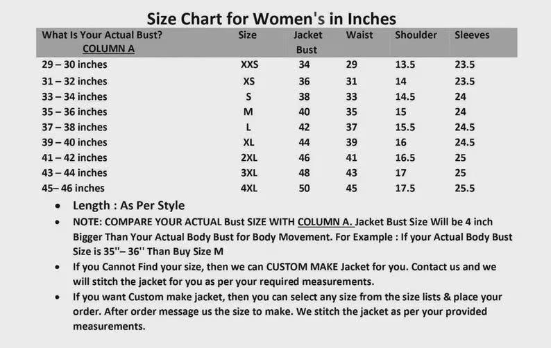 Puede incluir: Tabla de tallas para chaquetas de mujer, mostrando medidas de busto, cintura, hombros y mangas en pulgadas. Tallas de XXS a 4XL, con contornos de busto de 73,66 cm a 116,84 cm. Incluye informaci&oacute;n sobre pedidos de chaquetas personalizadas.