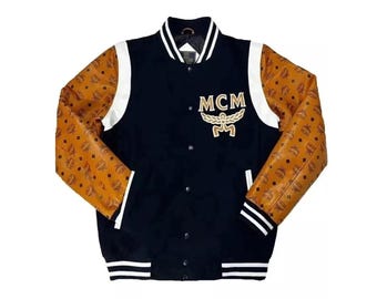 Men’s Black & Cognac Leather Varsity Bomber Jacket – Monogram Sleeve Design, Logo Patch Streetwear Coat
