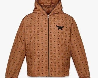 MCM Monogram Visetos Hooded Windbreaker Jacket in Cognac Brown with Logo Zipper, Designer Style, Perfect Gift for Him