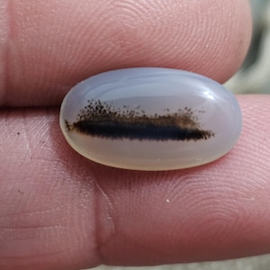 Può includere: Pietra preziosa ovale lucidata, di colore grigio-azzurro pallido. Un motivo marrone scuro, dall'aspetto organico, corre orizzontalmente al centro. La pietra è tenuta tra le dita, evidenziando la sua superficie liscia e lucida. Probabilmente un cabochon.