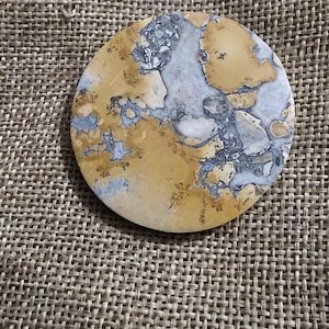 Puede incluir: Una piedra redonda y plana de color marrón claro con un patrón de remolino de gris y blanco. La piedra tiene un aspecto natural y orgánico.