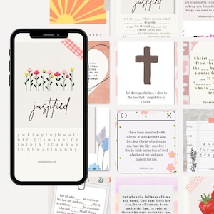 May include: A smartphone displays a lock screen with the word "justified" and floral accents. The image promotes memorizing Galatians verses with 11 key verses and 3 memorization strategies.