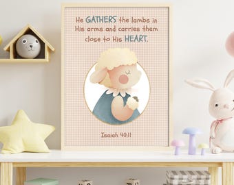 Christian Lamb Wall Art Isaiah 40:11, Nursery Bible Verse sheep scripture poster.