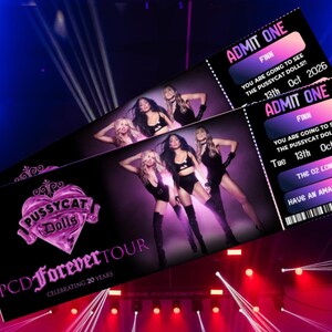 May include: Two tickets for the Pussycat Dolls Forever Tour, celebrating 20 years. The tickets feature a pink heart-shaped logo and images of the band members. The tickets are for October 13th, 2026, at The O2 London.