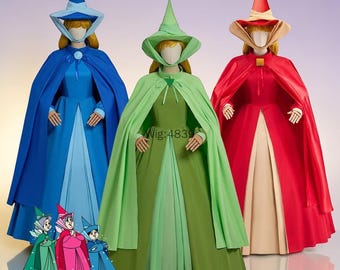Halloween Costume Good Fairy Flora Fauna Merryweather 3 Colors Cosplay Costume Ball Gown With Hat Set Women Performance Dress